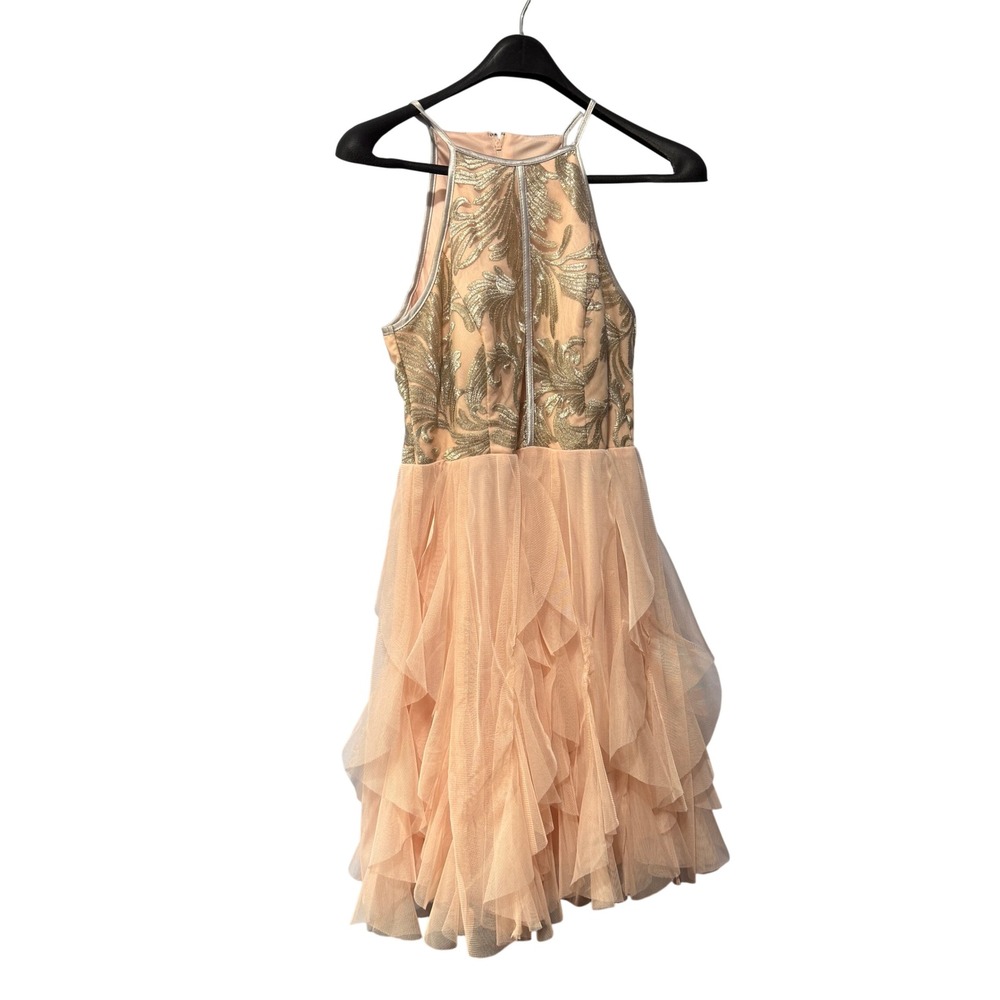 Le Chateau Peach Gold Metallic Embroidered Halter Tulle Tiered Cocktail Dress PS